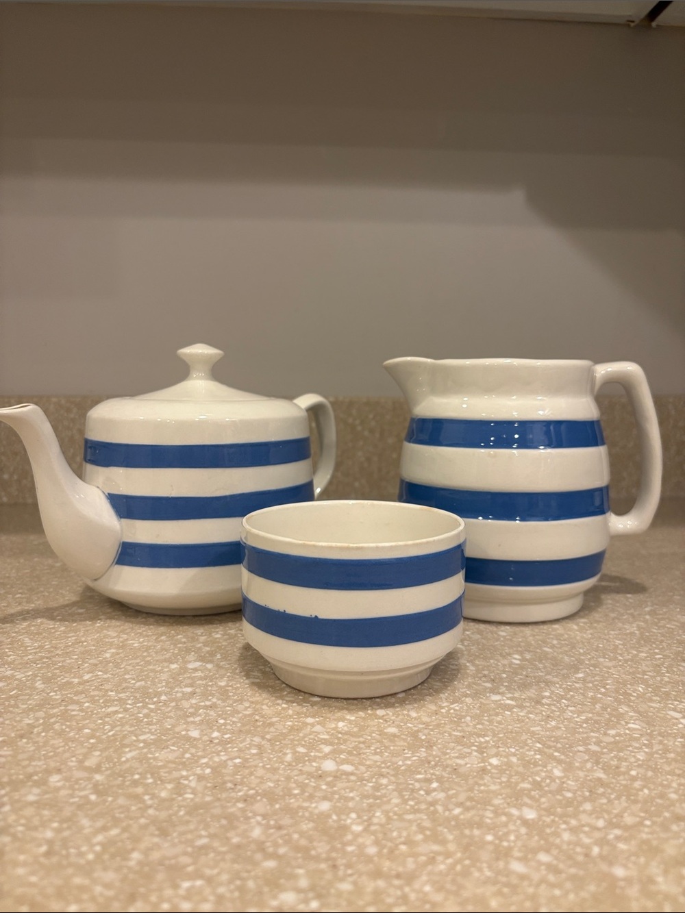 Vintage Carrigaline 3 Piece Blue & White Stripe Pottery Republic of Ireland